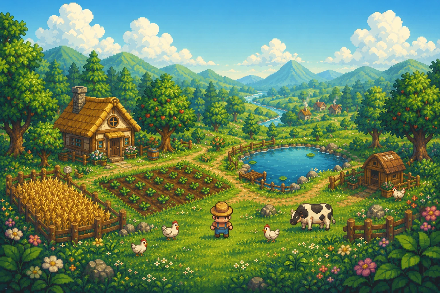Pixel-art Everwood farm scene with cottage, fields, pond, and forest