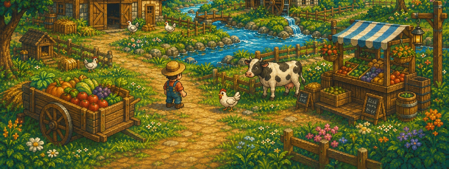 Pixel-art farm scene with cottage, watermill, animals, and market stall